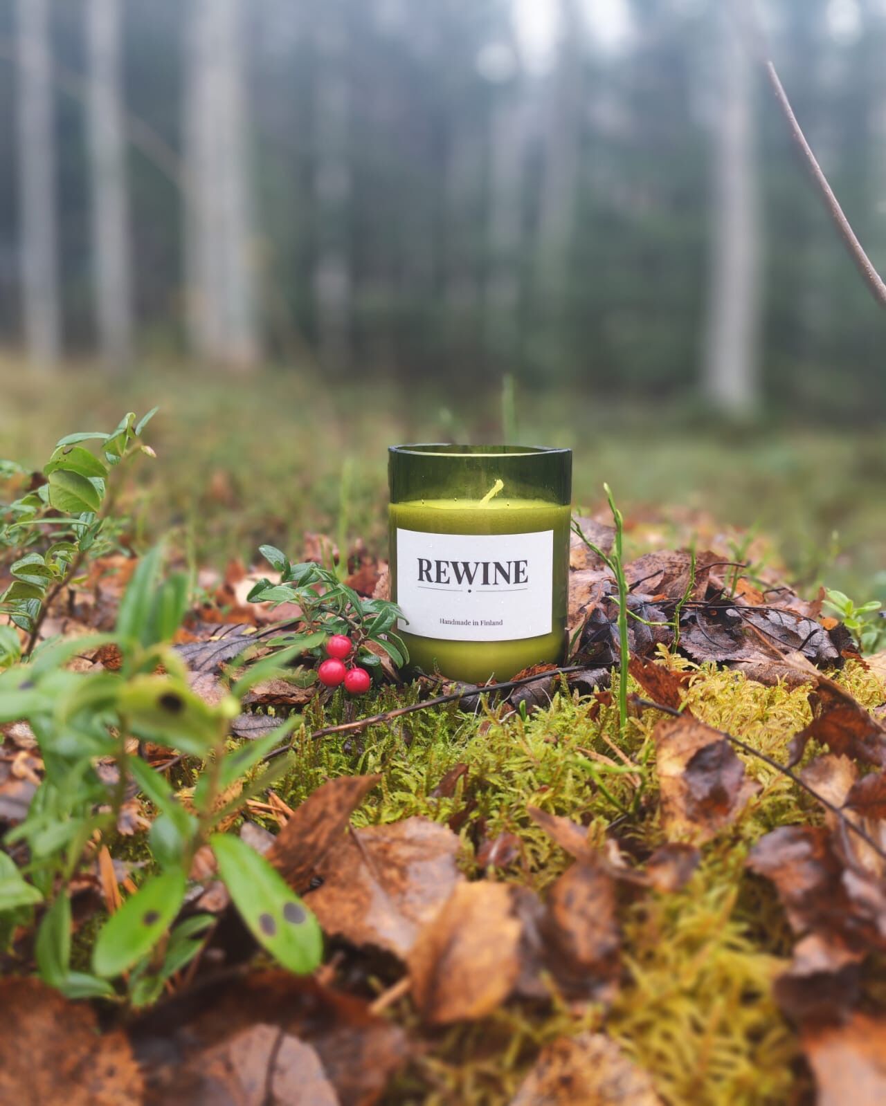 Pieni REWINE-kynttilä sammaleella sumuisessa koivu- ja kuusimetsässä, vieressä puolukanvarpuja.